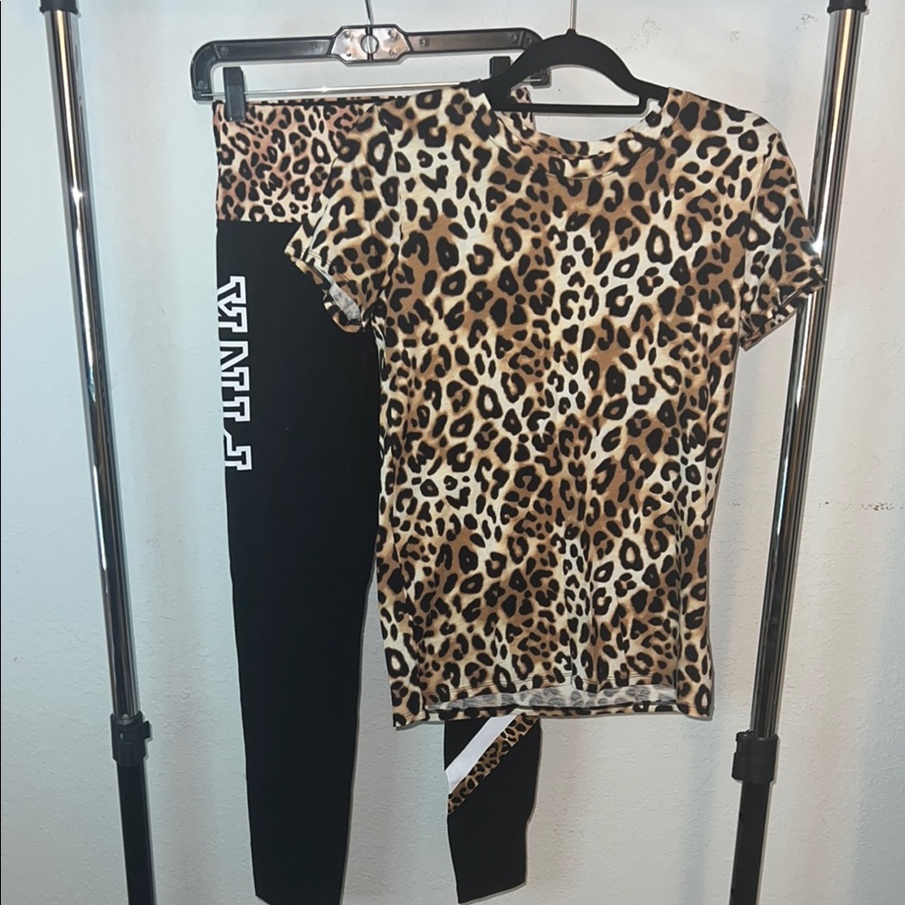 PINK Victoria's Secret Leopard Print Top and Black Leggings Set